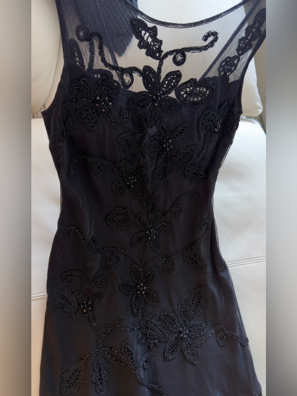 Sue Wong Black Beaded Floral Evening Dress